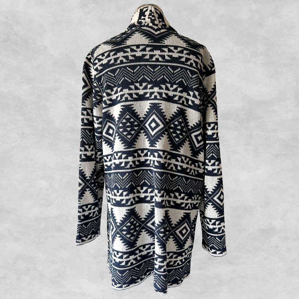 Chaps Cardigan Sweater Women's L Navy Blue Ivory Shawl Collar Toggle Southwest - Picture 6 of 8